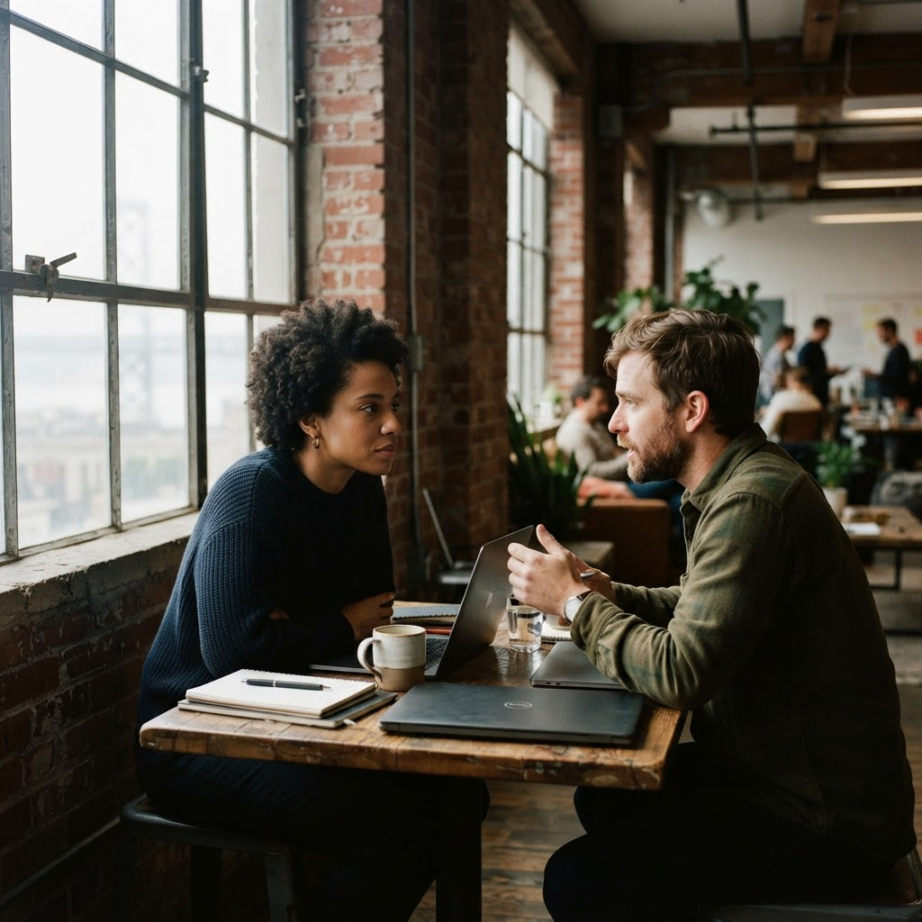 Two startup founders in an honest conversation by a window in a San Francisco loft office