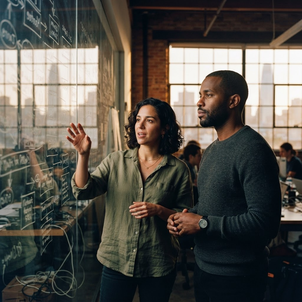 Two founders working through diagrams on a glass wall in a San Francisco loft office at golden hour